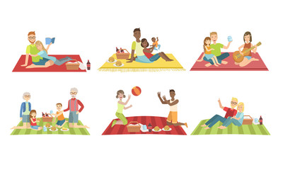 Happy Families Having Picnic In Park Set, People Sitting On Plaids, Eating and Relaxing, Cheerful Family Couples and Kids Spending Time Together Vector Illustration