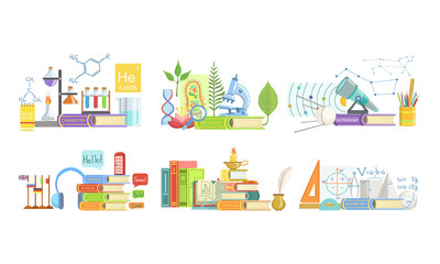 School Subjects Set, Chemistry, Biology, Astronomy, Foreign Language, Literature, Geometry Vector Illustration