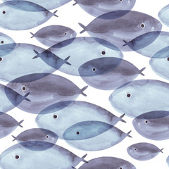 Beautiful hand drawn watercolor seamless pattern with blue sea fish on the white background. Marine life texture. Scandinavian style.