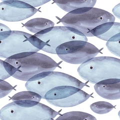 Deurstickers Aquarel prints Mooie hand getekende aquarel naadloze patroon met blauwe zeevis op de witte achtergrond. Mariene leven textuur. Scandinavische stijl.