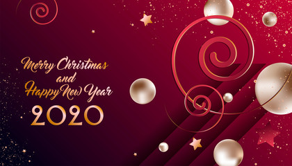 Fototapeta na wymiar New art Christmas and New Year holiday background vector illustration of Gold volume balls digital style. Vector Illustration