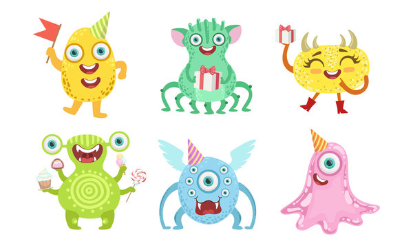 Cute Happy Monsters Set, Funny Friendly Colorful Mutant Characters, Childish Birthday Party Design Elements Vector Illustration