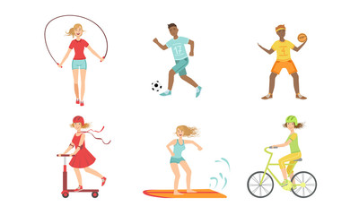 People Doing Different Kinds of Sports Set, Hockey, Soccer, Basketball Player, Surfboarder, Cyclist, Girls Jumping with Rope, Riding Kick Scooter Vector Illustration