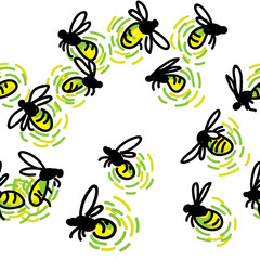 Seamless pattern with fireflies. Stylish designer print. Luminous insects against the sky.