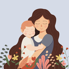 Mom and baby hugging with flowers - 288890392