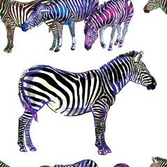 Fototapeta na wymiar Seamless pattern with zebras. Multicolored horses, striped zebra. Pop Art. Stylish colorful background. Summer print. Figured markers.