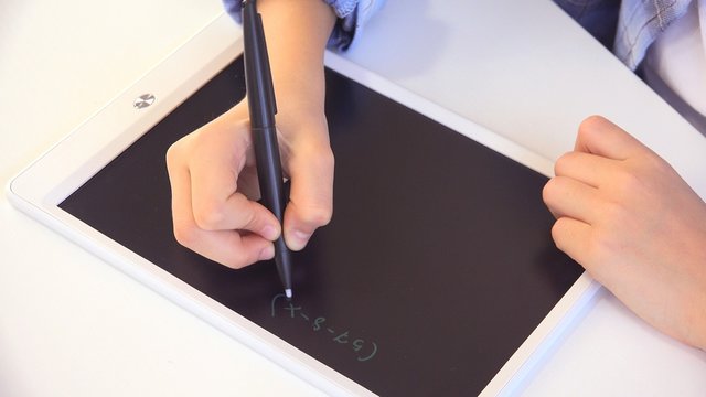 Child Studying on Tablet, Girl Writing in School Class, Learning Doing Homework