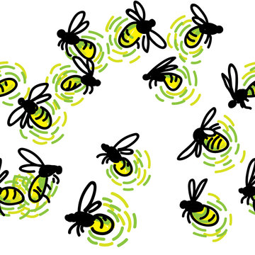 Seamless pattern with fireflies. Stylish designer print. Luminous insects against the sky.