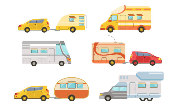 Collection of Camper or Commercial Trailers, Car with Trailer, Trailering, Camping, Outdoor Adventures Vector Illustration