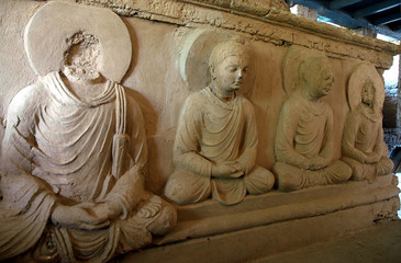 Taxila in Punjab, Pakistan. Ancient Buddhist carvings at the Jaulian Monastery at Taxila, Pakistan. Taxila is an ancient archaeological site recognized by UNESCO. Jaulian Monastery, Taxila. 
