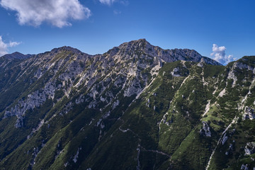Naklejka premium Aerial photography. Panoramic view of the Alps north of Italy. Trento Region. Great trip to the Alps.