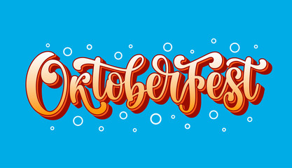 Oktoberfest hand drawn vector logo. Illustration with brush lettering typography and beer bubbles isolated on background. 3d logotype concept for Bavarian festival banner, greeting card, poster, flyer