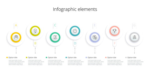 Business process chart infographics with 7 step options. Square corporate workflow graphic elements. Company flowchart presentation slide template. Vector info graphic design.