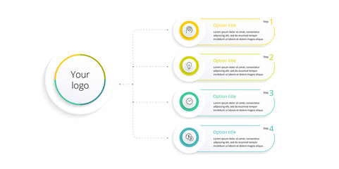 Business process chart infographics with 4 step options. Square corporate workflow graphic elements. Company flowchart presentation slide template. Vector info graphic design.