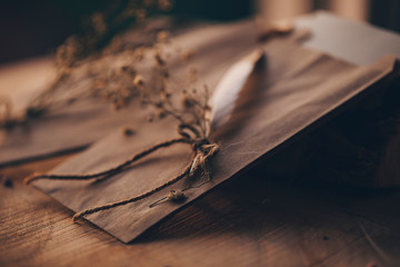 Paper book. Old paper. Wooden background. 