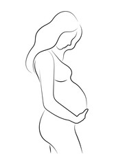 Contour of nude pregnant woman. Outlines of the body of a pregnant girl. Black and white vector illustration. Linear silhouette of a girl figure.