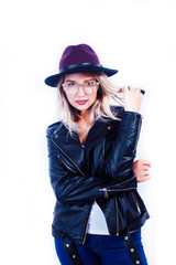 Fototapeta premium young pretty blond girl hipster in hat posing smiling happy isolated on white background, lifestyle people concept