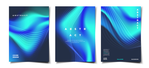 Set of abstract bright blurry wavy shape, aurora and dynamic lines background layout, cover, poster, wallpaper design template