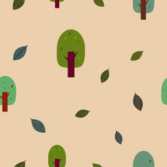 semless pattern with green trees and falling leaves 