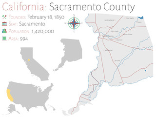 Large and detailed map of Sacramento county in California, USA