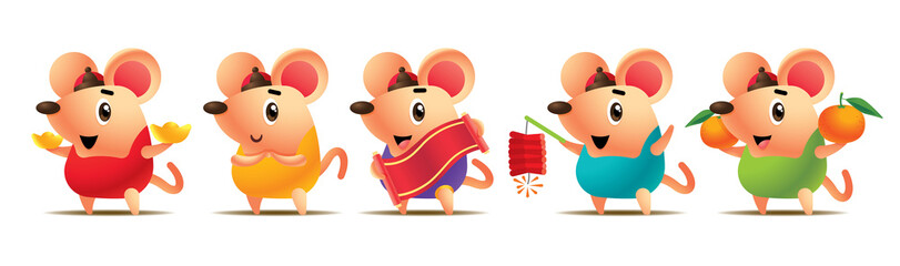 Chinese New Year 2020. Cartoon cute rat set with colourful chinese costume. Cute rat with golds, chinese scroll, fire cracker and mandarin orang. . The year of rat. - Vector