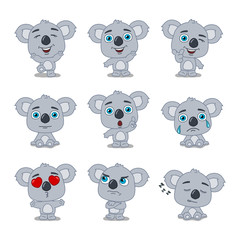 Collection of funny koala bear in cartoon style in different poses and emotions isolated on white background