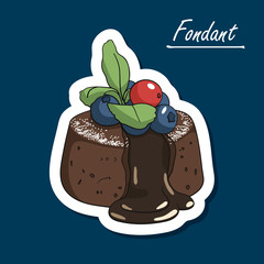 Hand-drawn сhocolate fondant lava cake with powdered sugar and berries. Chocolate   dessert. Colorfull illustration of dessert. - 288894957