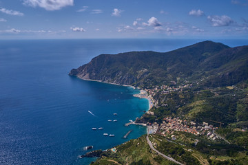 Naklejka premium Panorama view of Monterosso al Mare village one of Cinque Terre in La Spezia, Italy. Flight by a drone.