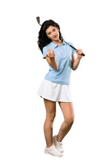 A full-length shot of a Young golfer woman inviting to come with hand. Happy that you came over isolated white background