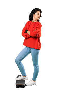 Young Skater Woman With Red Sweatshirt