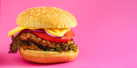 burger (roll, cutlets, cheese, lettuce, tomato, onion, sauce and more) menu concept. food background. copy space. Top view