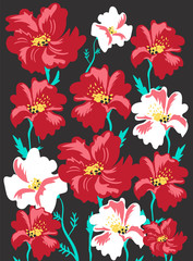 pattern with red and white flowers on a black background