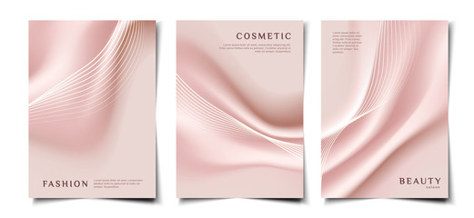 Set of elegant realistic pink silk fabric cover, poster, wallpaper design template for beauty and fashion product