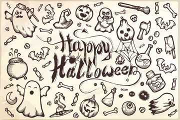 Hand-drawn set of many Halloween cartoon doodles.