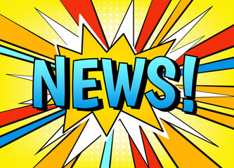 News banner vector template. Comic style speech dialog bubble with wow explosion effect, rays and text "News!" on blue background. 