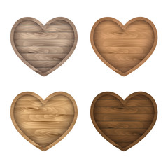 Wooden heart sign set. Vector realistic wood board, frame, badge, label, shield, signboard collection. Brown background for your text. 