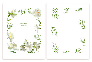 White flowers. Peonies. Floral background. Lilies. Green leaves.
