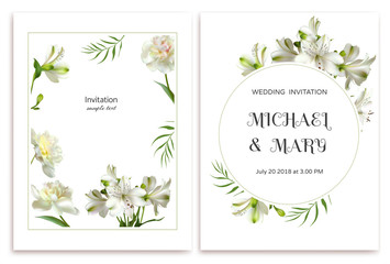 White flowers. Peonies. Wedding invitation. Floral background. Lilies. Green leaves.