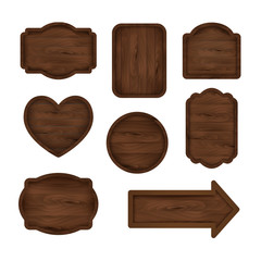 Wooden sticker, label, sign collection. Set of dark brown various shapes wooden signs for sale, price and discount banners, badges isolated on white background. Vector realistic boards. 