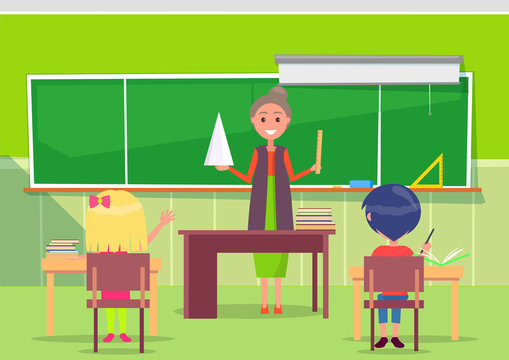 Smiling teacher holding ruler and geometrical object, teaching pupils. Geometrical lesson, girl and boy sitting at desktop, green school classroom, study vector. Back to school concept. Flat cartoon