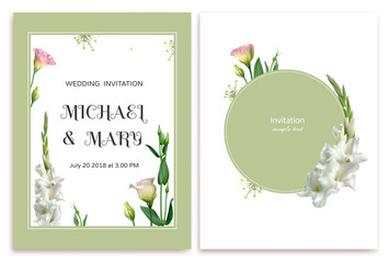 Flowers. Gladiolus. Wedding invitation. Floral background. Eustoma. Green leaves.
