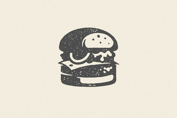 Engraving burger silhouette with texture hand drawn style effect vector illustration. - obrazy, fototapety, plakaty