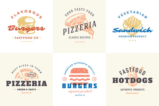 Engraving fast food logos and labels with modern vintage typography hand drawn style set vector illustration.