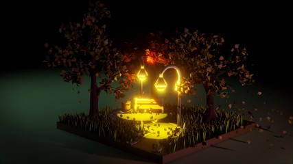 Low poly autumn night in the park