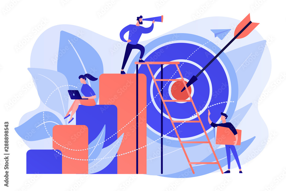 Wall mural Businessman on top looking into telescope and employees. Business opportunity, bizopp and franchising, distribution concept on white background. Living coral blue vector isolated illustration