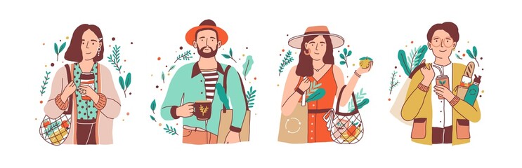 Green lifestyle flat vector illustrations set. Young men and women holding natural products cartoon characters pack. Zero waste, vegetarianism, environment preservation, ecology protection concept.