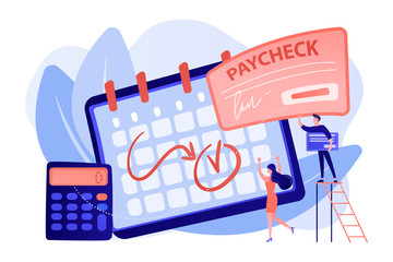 Calendar with payday, calculator and tiny business people getting a paycheck. Paycheck cash, payroll tax deposit, payroll software concept. Living coral bluevector isolated illustration