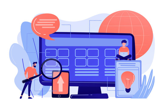 Tiny people developers at computer working on core system. Core system development, all in one software solution, core system modernization concept. Living coral bluevector isolated illustration