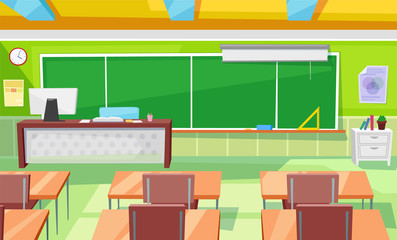 Teacher table and children desks vector, classroom interior with blackboard and supplies. School room 3d isometric style, rows of workplaces and chairs. Back to school concept. Flat cartoon