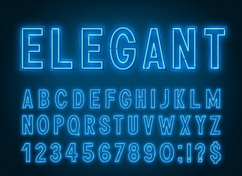 Neon elegant blue font, light alphabet with numbers on a dark background.